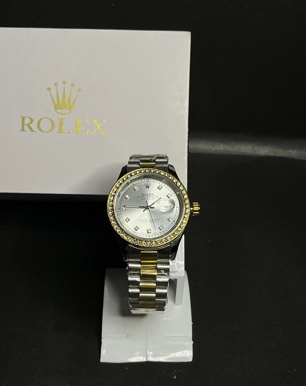 Rolex Datejust Two-Tone Watch – Silver Dial, Diamond Hour Markers, Gold Bezel with Crystals