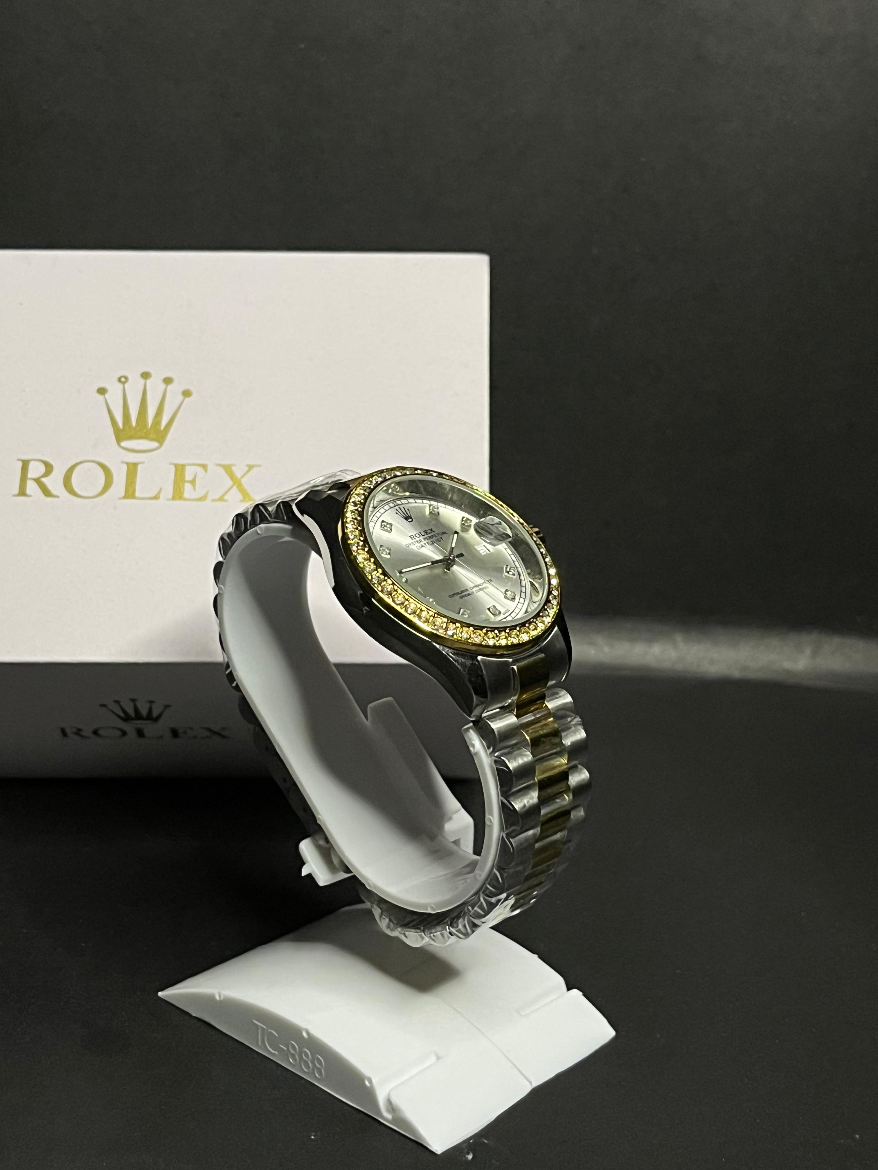 Rolex Datejust Two-Tone Watch – Silver Dial, Diamond Hour Markers, Gold Bezel with Crystals