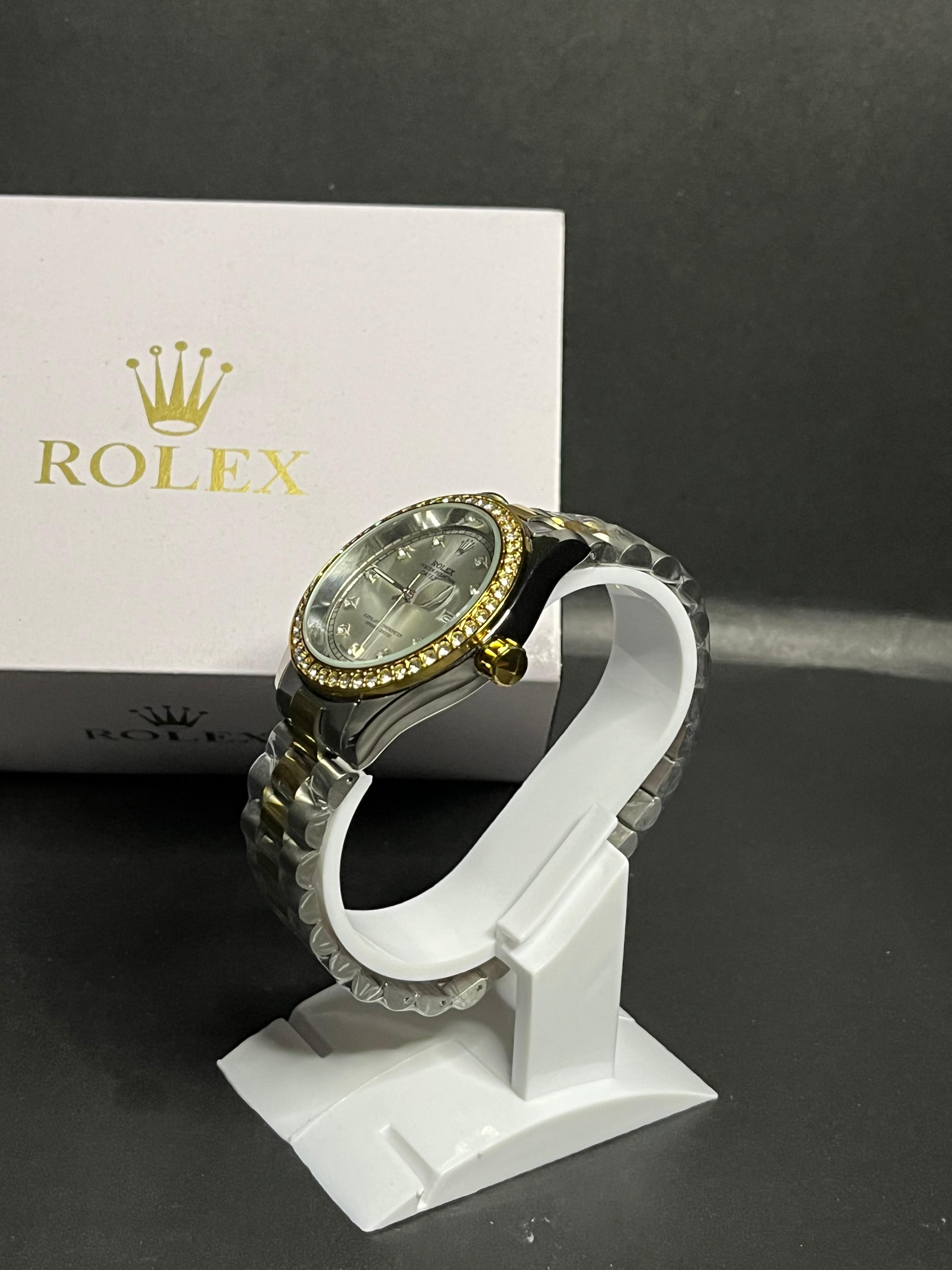 Rolex Datejust Two-Tone Watch – Silver Dial, Diamond Hour Markers, Gold Bezel with Crystals